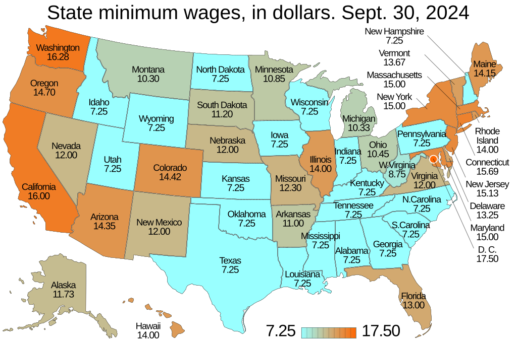 mapa de estados unidos con sueldos minimos